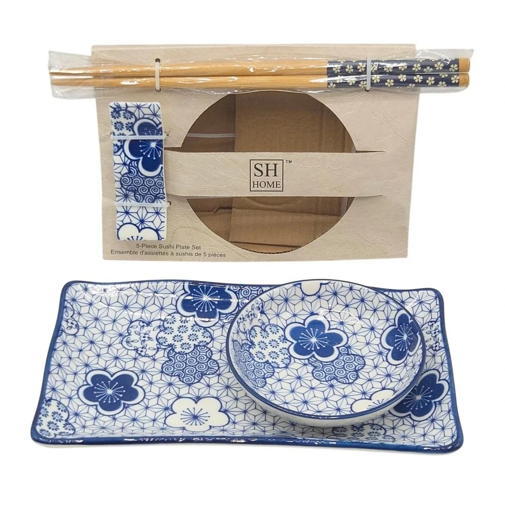 SH Home 5pc Floral Ceramic Sushi Plate Set 11